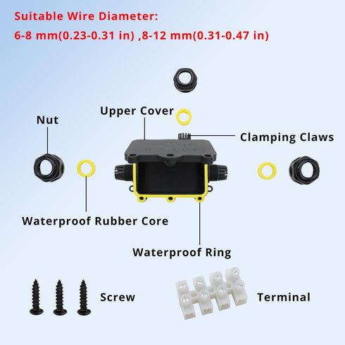 MAKERELE IP68 Waterproof Junction Box with Terminals, 3 Way Clamshell-Type Electrical Splice Box, 12mm Diameter