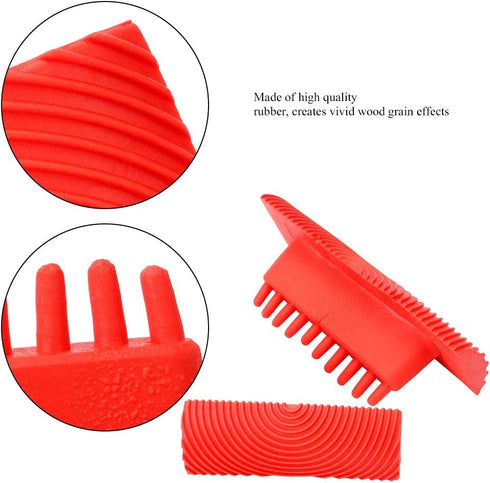 Durable Red Cylinder Rubber Wood Grain Effect Painting Tool, 2Pcs/Set for House Office