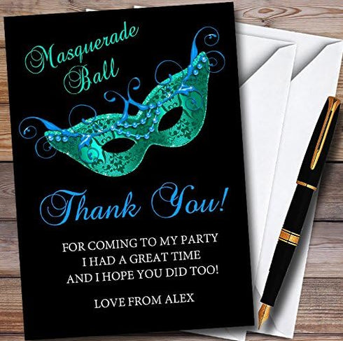 The Card Zoo Black Blue Green Masquerade Ball Personalized Party Thank You Cards
