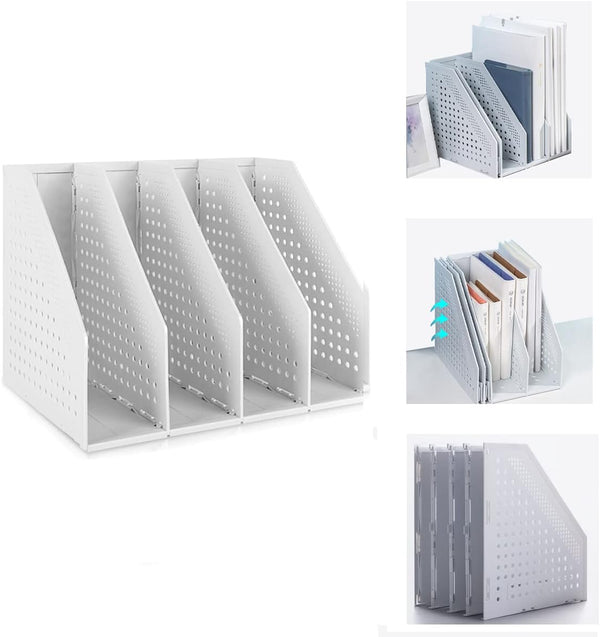 Marte Vanci Collapsible Magazine Holder, 4 Compartment Desktop Adjustable File Dividers Document Cabinet (Light Gray)