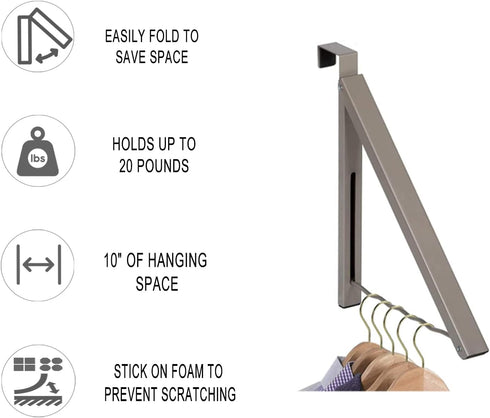 HOLDN’ STORAGE Over The Door Hanger, Single Foldable Rack Organizer for Coats, Clothes & Towels, Satin Nickel
