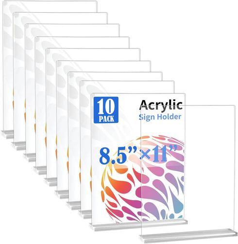 WAEFNO 10 Pack Acrylic Sign Stand 8.5 X 11, Vertical T-Shape Clear Plastic