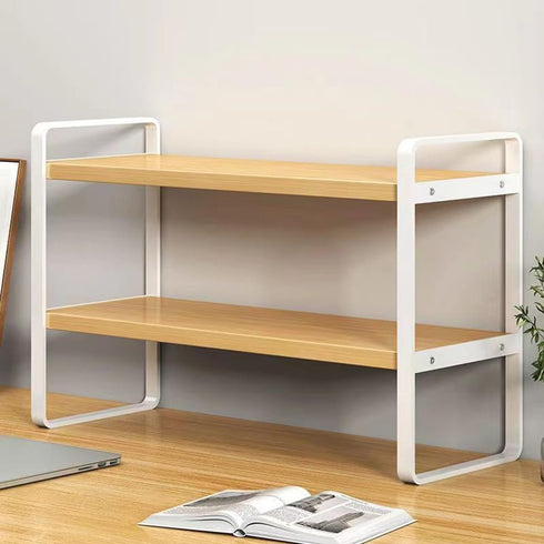 Desktop Organizer Shelf, 2-Tier Wood Office Storage Rack, Small Computer Desk Bookshelf for Home Office