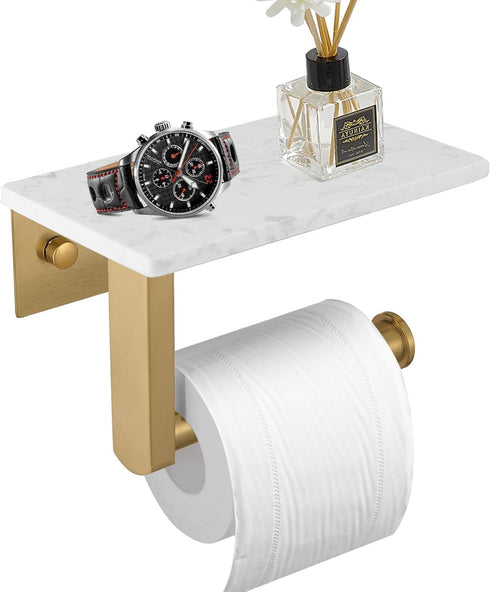 BWE Brushed Gold Toilet Paper Holder with Marble Shelf, Toilet Paper Roll