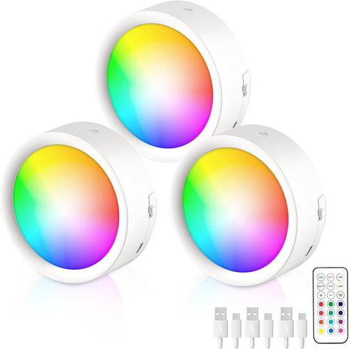 LUMENBAO Magnetic LED Under Cabinet Lights, 3 Pack Rechargeable LED Puck Push Light