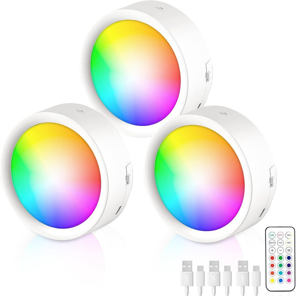 LUMENBAO Magnetic LED Under Cabinet Lights, 3 Pack Rechargeable LED Puck Push Light