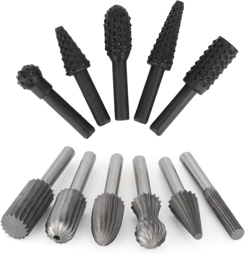 Rongon Carbide Burr Set, 11Pcs Rotary File Burr Cutter for Woodworking, 1/4 Inch Shank for DIY Carving