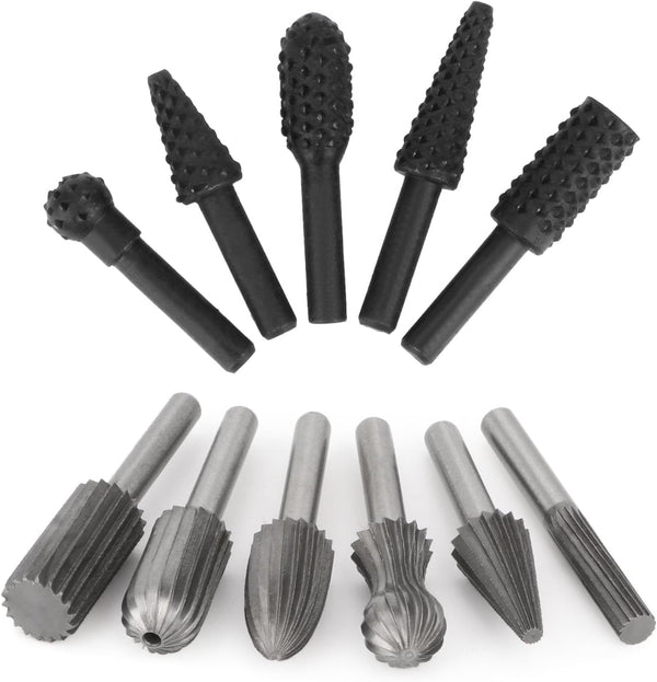 Rongon Carbide Burr Set, 11Pcs Rotary File Burr Cutter for Woodworking, 1/4 Inch Shank for DIY Carving