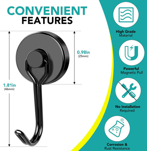 DIYMAG Black Magnetic Hooks, 80LBS Strong Magnetic Hooks Heavy Duty, Strong Magnet Hooks with Metal Hanger for Hanging Refrigerator Home Kitchen Office, 8Pack by DIYMAG