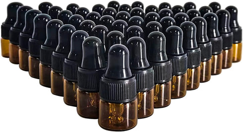 50 Pack Amber Glass Mini Dropper Bottles,1ML Amber Essential Oil Dropper Bottle for Travel Test Sample Perfume by BEGIKET