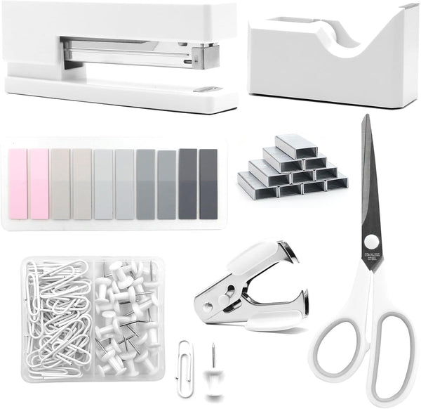 UPIHO White Office Supplies Set, Desk Accessories with Stapler, Tape Dispenser, Scissors, and More for Women
