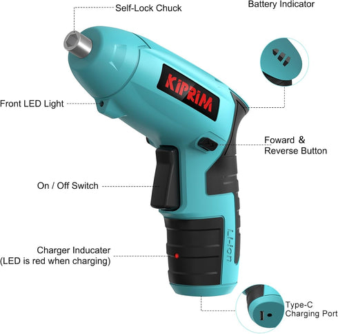 Small 4V Electric Screwdriver,Kiprim ES3 Cordless Screwdriver Tool with Rechargeable Battery,LED Front Light & Power Display Light for Home DIY Blue by Kiprim