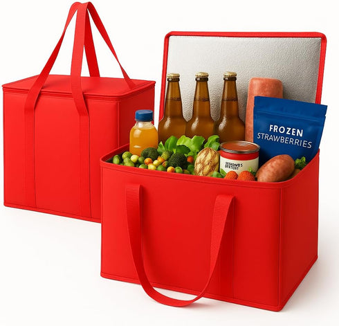musbus 2-Pack XL-Large Insulated Grocery Shopping Bags, Red, Reusable, Heavy Duty, Zipped