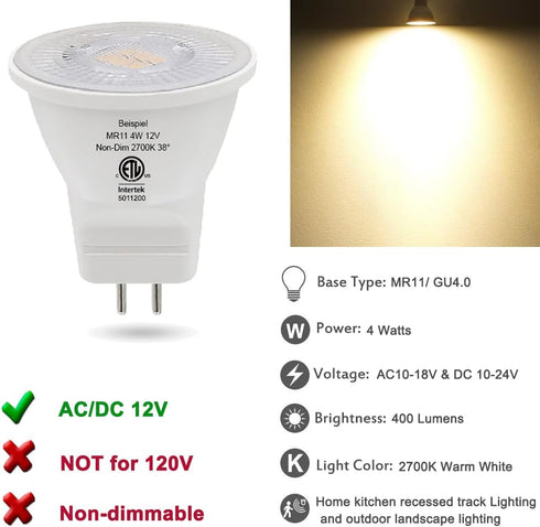 Beispiel MR11 Gu4.0 Bi-pin LED Light Bulb 4W 12VAC/DC Warm White for Outdoor Landscape Lighting, Pack of 4