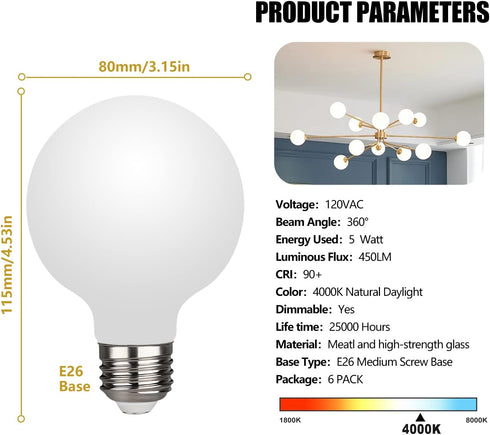 KGC LED Edison Globe Light Bulbs, Neutral White 4000K CRI 90, LED Filament Light Bulb, 5W Equivalent to 40W, G25(G80) Dimmable, Milky Glass, Bathroom Vanity Mirror Light, Pack of 6 by KGC