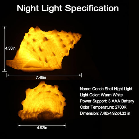 Conch Shell Night Light-Battery Powered LED Night Light for Kids Room, Auto Off Timer, Adults Bedroom Decor Nautical