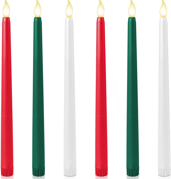 Baquler 6 Pcs 11'' Christmas Flameless Taper Candles Green Red White Battery