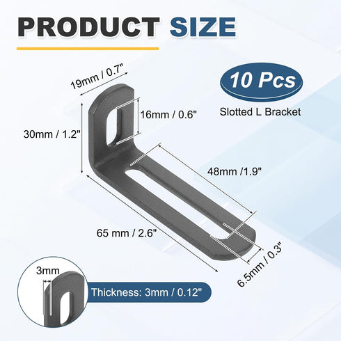 10 2.6"x1.2"x0.7", 90 uxcell Pcs Adjustable Right Angle Brackets, Slotted L-Shape Corner Bracket Degree Steel l Bracket