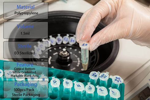 1.5ml Microcentrifuge Tubes 500pcs, EO Sterilized Plastic Vials with Caps for Sample Storage without Leakage