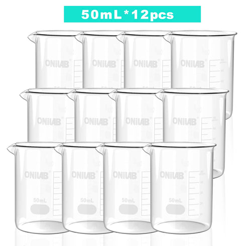 ONiLAB Scientific Glass Beakers Shot Glass, Vol. 50ml, 3.3 Borosilicate Griffin Low Form with Printed Graduation, Pack of 12 13900252