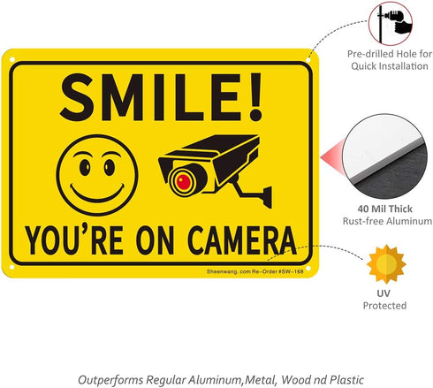 Sheenwang 2-Pack Smile You’re on Camera Sign, Video Surveillance Outdoor Signs, 10 x 7 in Aluminum Security