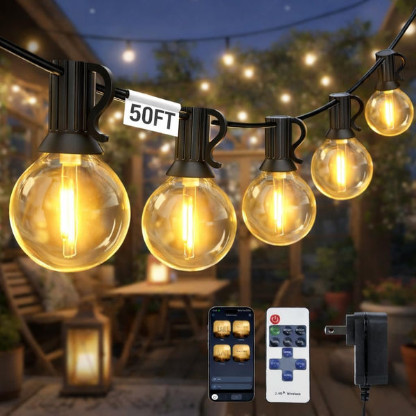 Smart Outdoor String Lights with APP Control, 50FT G40 Dimmable Patio String