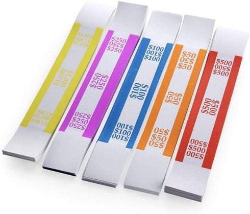 L LIKED Pack of 250 Currency Band Bundles, Self Sealing Currency Straps, Money Bill Wrappers (50 of Each)