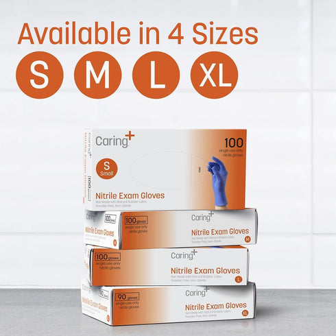 Caring Nitrile Exam Gloves, Blue Powder-Free Disposable Gloves for Medical Care and Food Prep