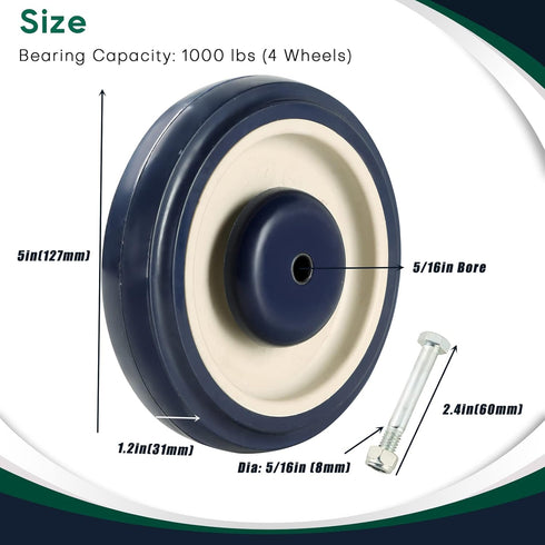 ATPEAM Shopping Cart Wheel Replacement Kit | 5" Diameter Polyurethane Stepped and Full Tread Face w/Double Ball Bearing Shopping Cart Wheel 1000 lbs Total Capacity, Pack of 4 (Blue)