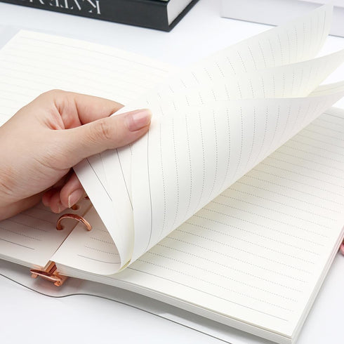 A5 90 6-Ring Clear Refillable Notebook Binder with Sheets Lined Paper Rose Gold Soft Transparent PVC Binder Cover