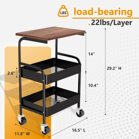 Rolling Cart with Wooden Tabletop, 3 Tier Metal Utility Cart, Lockable Wheels for Kitchen, Office, Bedroom (Black)