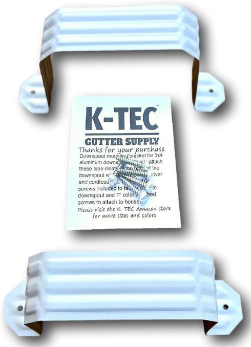 K-TEC Downspout Strap - Low Gloss White for 3x4 Inch Aluminum Rain Gutter, Set of 2 with Color Matched Screws