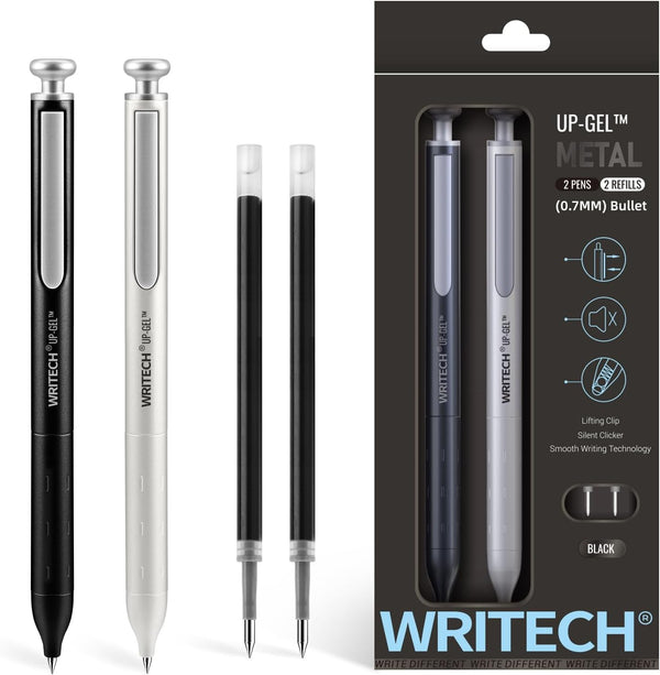 WRITECH Premium Gel Pens Fine Point 0.7mm Black Ink Pen 2ct with 2 Refills No Smear & Quick Dry Luxury Up-Gel