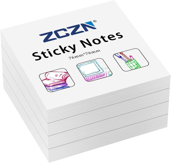 ZCZN White Sticky Notes, 3 x 3 in, 100 Sheets/Pad, 4 Pads/Pack