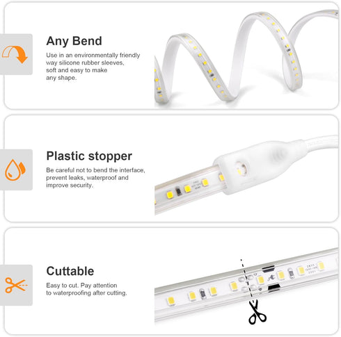 16.4ft 600 6500K 110V AIMENGTE Outdoor LED Strip Lights Waterproof, LEDs, Cool White Rope Light for Bedroom, Kitchen