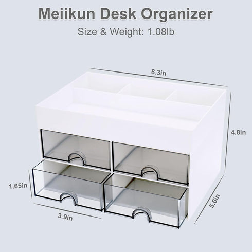 Desk Organizer, Office Organizer with Drawer, Desk Accessories & Workspace Organizers, Pen Holder Office Supplies for Desk (4 Drawers+4 Compartments, White)