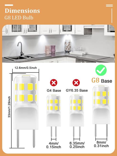 G8 LED Bulb Dimmable, 3W (20W-25W Halogen Equivalent), Daylight White 6000K, G8 GY8.6 Bi-Pin Base, 6 Pack