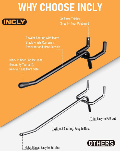 INCLY 60 Pack 4 Inch Black Heavy Duty Pegboard Hooks, 1/4" Accessories for Garage, Craft Organizing, Kitchen