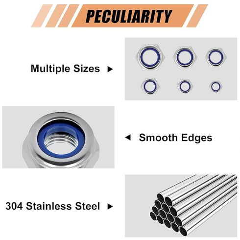 wegoup 145 M3-M12, 304 (A2-70) Set PCS Nylon Insert Lock Nuts Assortment Kit, Metric Stainless Steel Lock Nuts, Hex Nut