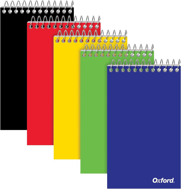 Oxford Memo Pads, Spiral Bound, 3 x 5 Inch Pocket Notepad, College Ruled, Assorted Primary Colors, 75 Sheets, 5 Pack