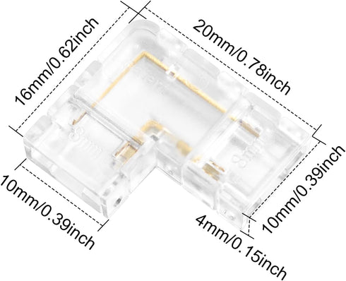 LightingWill LED Connectors 2Pin 8mm, 10 PCS L Shape Connector Transparent Solderless, Right Angle Corner Tape Light Connector, No Dark Area for COB/SMD 2835 3528 Single Color LED Strips by LightingWill
