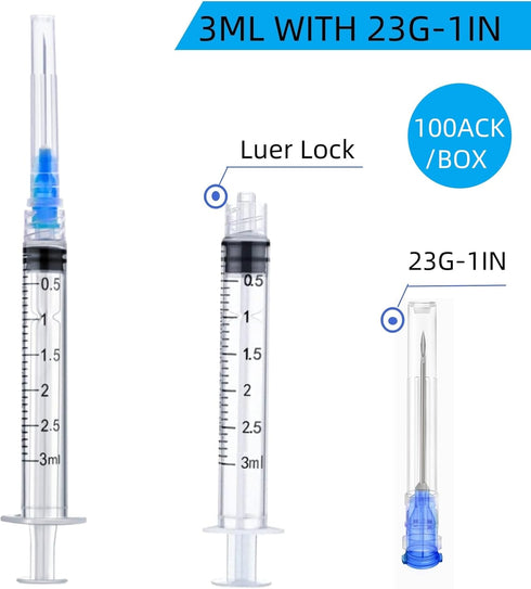 Exlavges 100 Pack 3ml/cc 23Ga 1 Inch Packed Disposable Lab Syringes with Needle Luer Lock, Individually Sealed