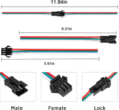 3 Pin Led Strip Connector, SUPERNIGHT 3 Pin Connector for WS2811 WS2812 WS2812B SK6812 LED Strip Lights, 7 Pairs JST SM Male Female Plug LED Connector Cables, 5 PCs Strip to Wire Led Connectors by SUPERNIGHT