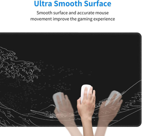 Japanese Gaming Mouse Pad - Black Kanagawa Large Non-Slip Rubber Base Waterproof Mousepad for Gaming, 31.5x11.8 Inch