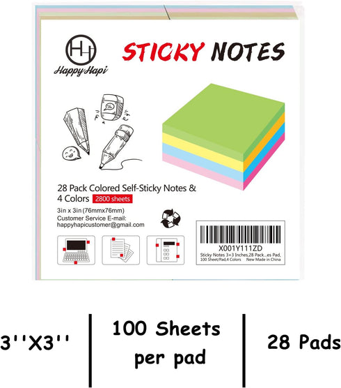 Sticky Notes 3x3 Inches Bulk 28 Pack 2800 Sheets Colored Self-Stick Pads, 100 Sheets/Pad, 4 Bright Colors (Yellow, Green, Pink, Blue) for Office Supplies, School, Home by HappyHapi
