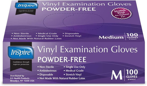 Inspire Medical Gloves, Powder Free Stretch Vinyl Exam Gloves, Disposable Latex Free Cooking Gloves