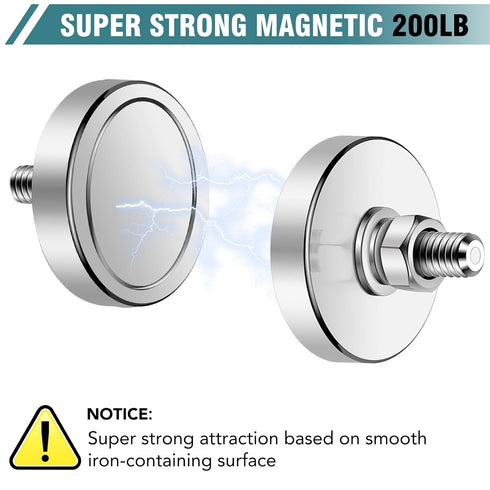 M8 200 lb 44mm 8 Packs Super Strong Neodymium Round Magnet with Male Thread Nuts Bolts Corrosion-Resistant Mounting