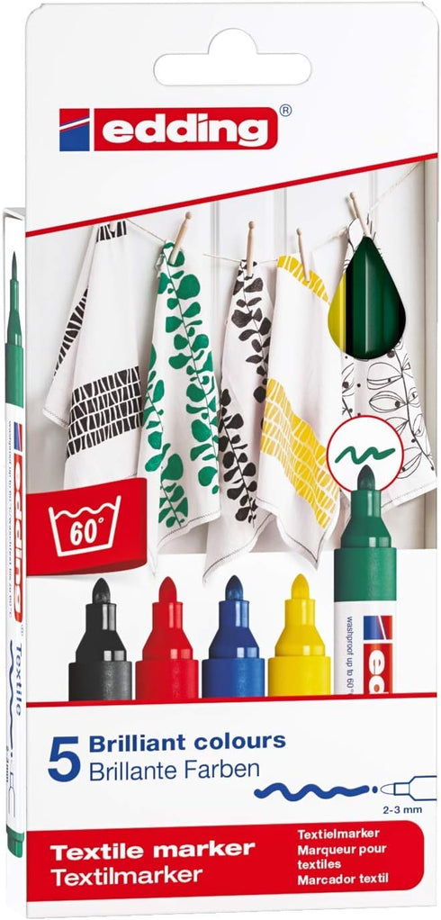 edding 4500 Textile Marker Set, 5 pc, Black, Red, Blue, Green, Yellow, Permanent Fabric Markers