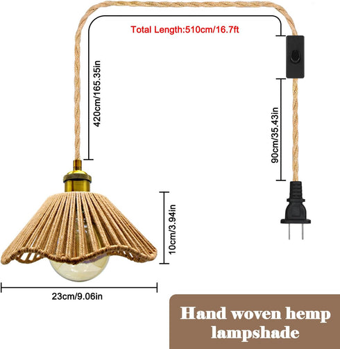 FEYAIM E26/E27 16.7ft Bulb) Plug in Pendant Light, Socket Hanging Lights, Hand Woven Hemp Rope Shade Cable with Switch