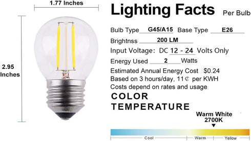 Low Voltage Mini Globe LED Bulb, AC 12V / DC 12V Input, 2W 200Lm, Dimmable, E26 Base, 6-Pack